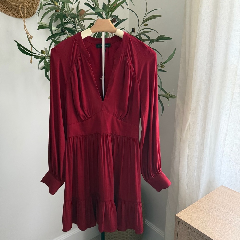 Banana Republic Red Maroon Satin Long Sleeve Mini Dress Small - Picture 2 of 11